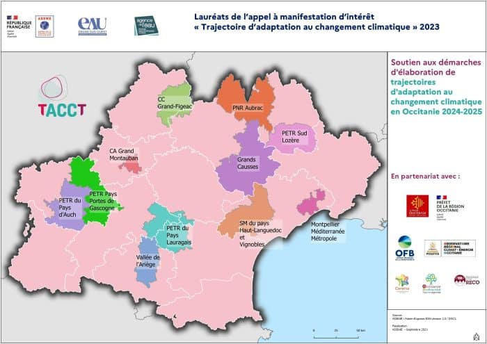 carte de l'Occitanie sur la trajectoire d'adaptation au changement climatique